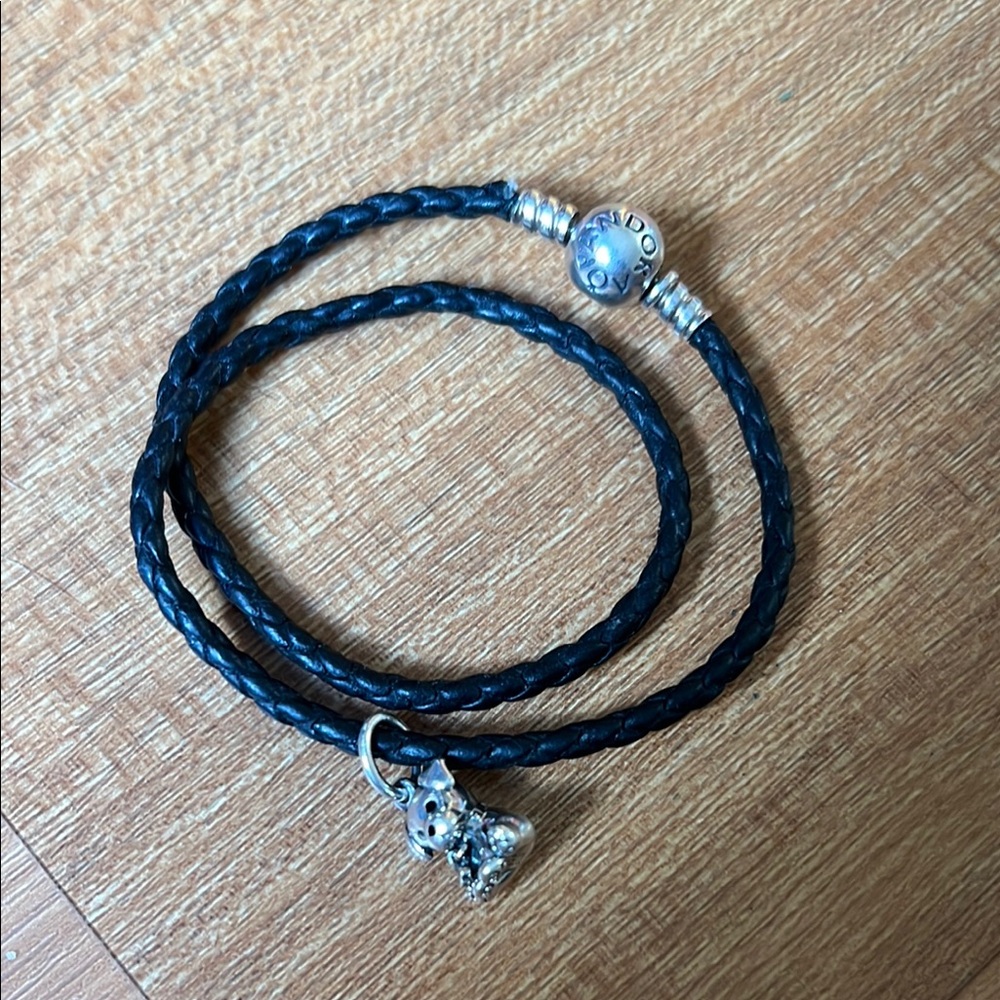 Pandora Moments Double Black Leather Bracelet w/ a Sterling silver Doggie Charm